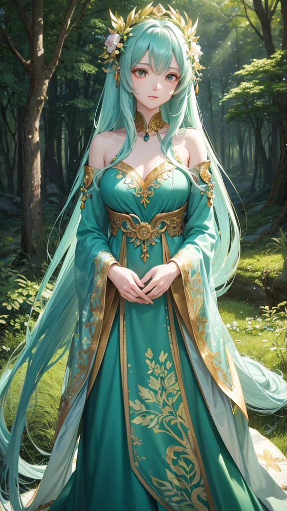 "Create a digital anime-style illustration of a beautiful forest spirit or nature goddess with long, flowing teal hair. She should wear a detailed green dress adorned with leaf and floral patterns, fitting a fantasy theme. The design should have less skin exposure, particularly around the chest and shoulders, using additional fabric or natural elements like leaves or vines for coverage. The character should have a graceful and mature appearance, looking around 2, with expressive eyes and a serene expression. The background should feature a lush, mystical forest with soft lighting and glowing flora, enhancing the ethereal atmosphere."