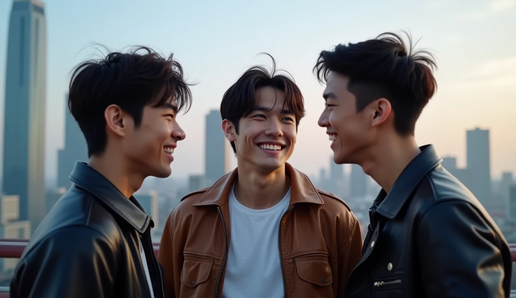 Three male Japanese college students wearing stylish leather jackets on a trip are facing each other with bright expressions and having a conversation,Excited, Photo of your face, Beautiful city background, with a natural look, With a slightly tired look, tilt your face a little, Diagonal orientation, Average face