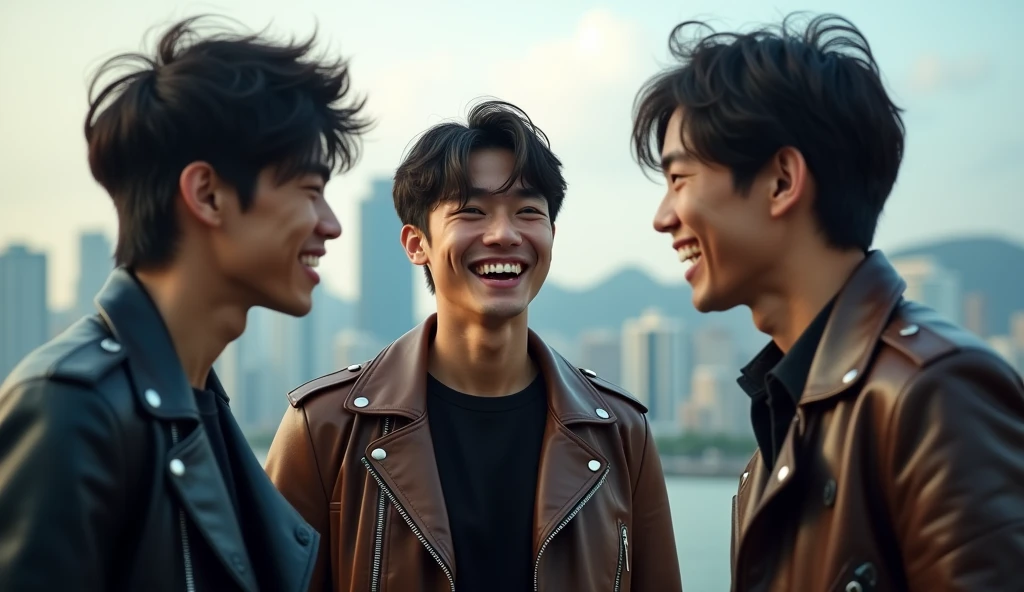 Three male Japanese college students wearing stylish leather jackets on a trip are facing each other with bright expressions and having a conversation,Excited, Photo of your face, Beautiful city background, with a natural look, With a slightly tired look, tilt your face a little, Diagonal orientation, Average face