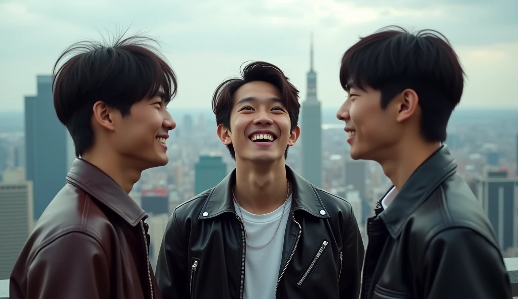 Three male Japanese college students wearing stylish leather jackets on a trip are facing each other with bright expressions and having a conversation,Excited, Photo of your face, Beautiful city background, with a natural look, With a slightly tired look, tilt your face a little, Diagonal orientation, Average face