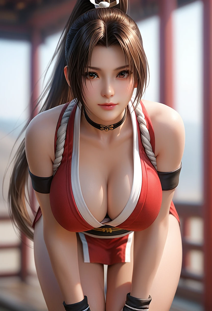 score_9, score_8_up, score_7_up, Girl's profile picture, realistic skin texture, detailed picture, close-up, HD32k, 1girl, solo, long hair, breasts, looking at viewer, large breasts, (extremely soft breasts, breasts apart), brown hair, cleavage, bare shoulders, brown eyes, closed mouth, upper body, ponytail, japanese clothes, sleeveless, choker, blurry, lips, parted bangs, sash, blurry background, high ponytail, rope, armband, (leaning forward:1.3), (hands on knees:1.3), ninja, shiranui mai,Painstaking Attention To Details