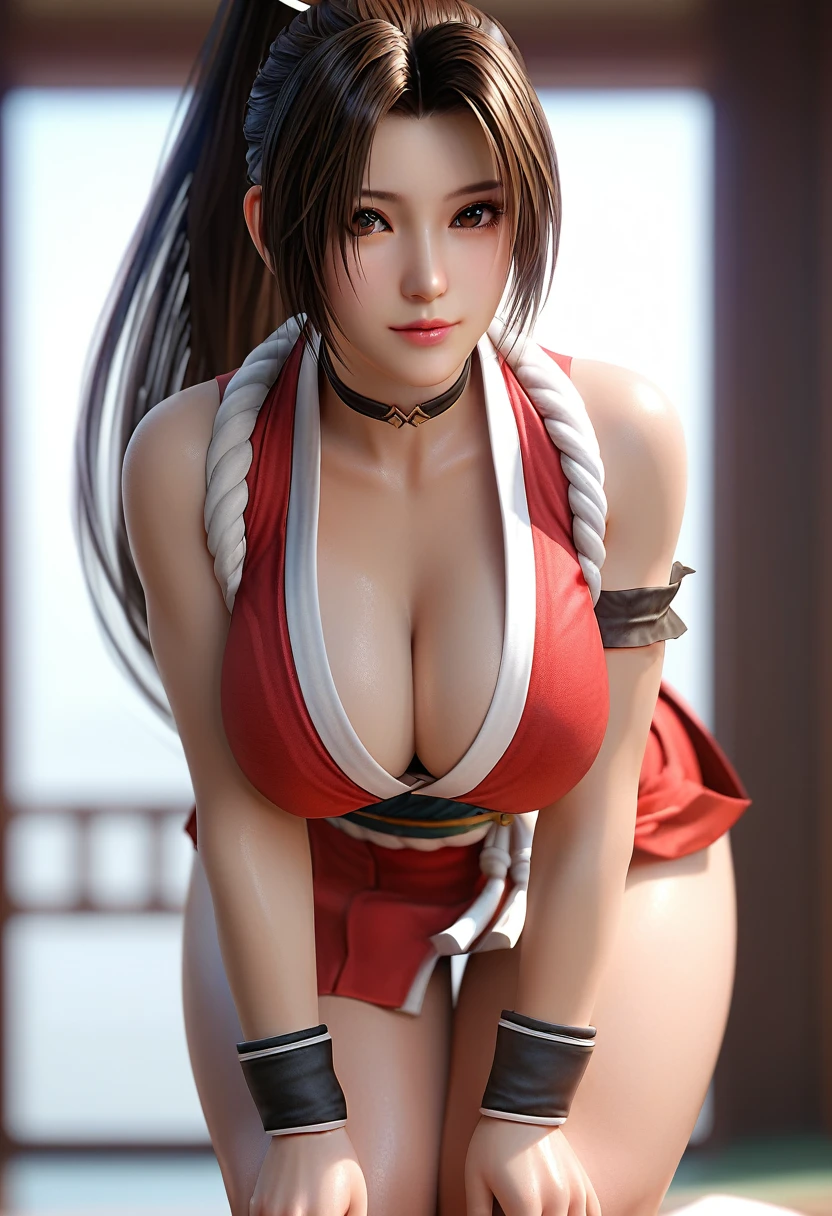 score_9, score_8_up, score_7_up, Girl's profile picture, realistic skin texture, detailed picture, close-up, HD32k, 1girl, solo, long hair, breasts, looking at viewer, large breasts, (extremely soft breasts, breasts apart), brown hair, cleavage, bare shoulders, brown eyes, closed mouth, upper body, ponytail, japanese clothes, sleeveless, choker, blurry, lips, parted bangs, sash, blurry background, high ponytail, rope, armband, (leaning forward:1.3), (hands on knees:1.3), ninja, shiranui mai,Painstaking Attention To Details