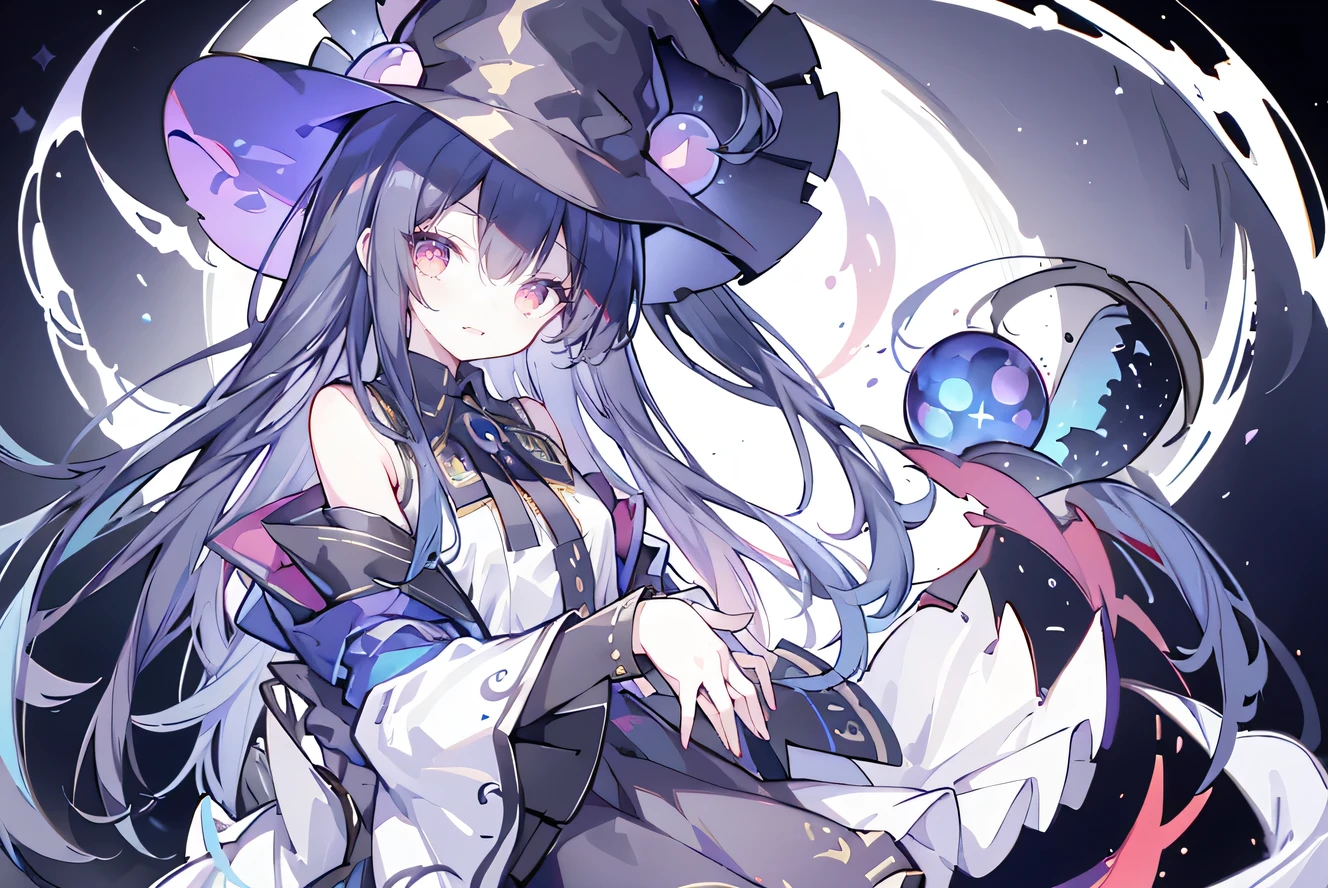 oung Girls,Humanity,A magician always smiles,big witch hat,cute,dark blue long hair,The eyes are dull,The bangs are heavy,Thin eyebrows,fantasy,intake,Double teeth,Star Theme,Constellation pattern,Solid color clothetal decoration,cloak,A bit of a dark atmosphere,A little crazy smile,When the big moon shines outside at night,blood,Hair black star embellishment,Short tie,No nails,High waist skirt,Bell sleeves,Long-sleeved shirt,Black tie,low risk,gentlemen。Mist、Yellow and white effect,Shocking pink as an accent color,1 girl.