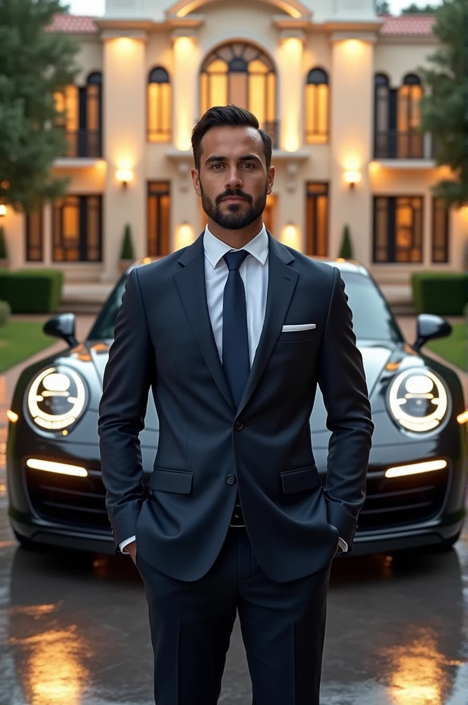 A cover for Booking with a businessman, a mansion and his Porsche behind him with the phrase in Brazilian Portuguese 18 ways to get rich step by step