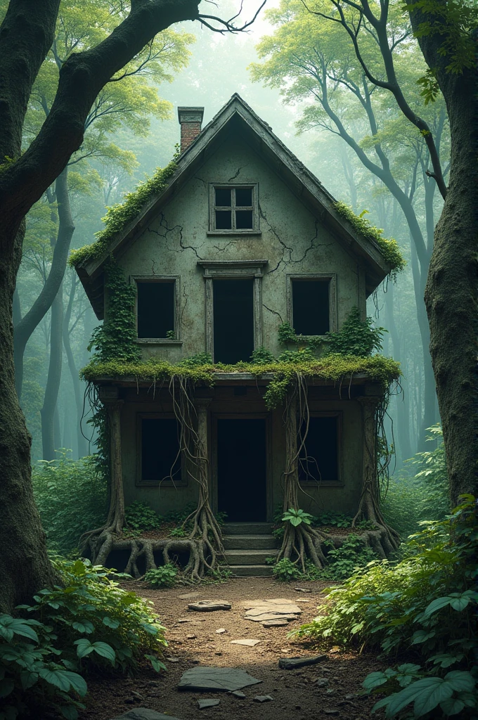 Abandoned house in the middle of the forest, without doors or windows, roots that grew through the walls due to time