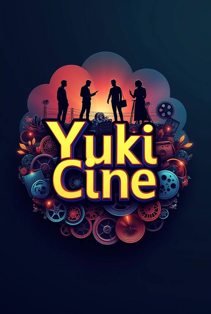 A logo with the name "Yuki Cine" With a background of films, series and