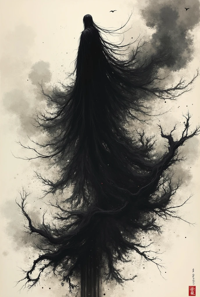 big long brushstrokes of deep black sumi-e turning into symbolic painting of the game "Bloodstained", master level raw art, best quality, high resolution, ultrawide, 3440x1440 resolution, horizontal