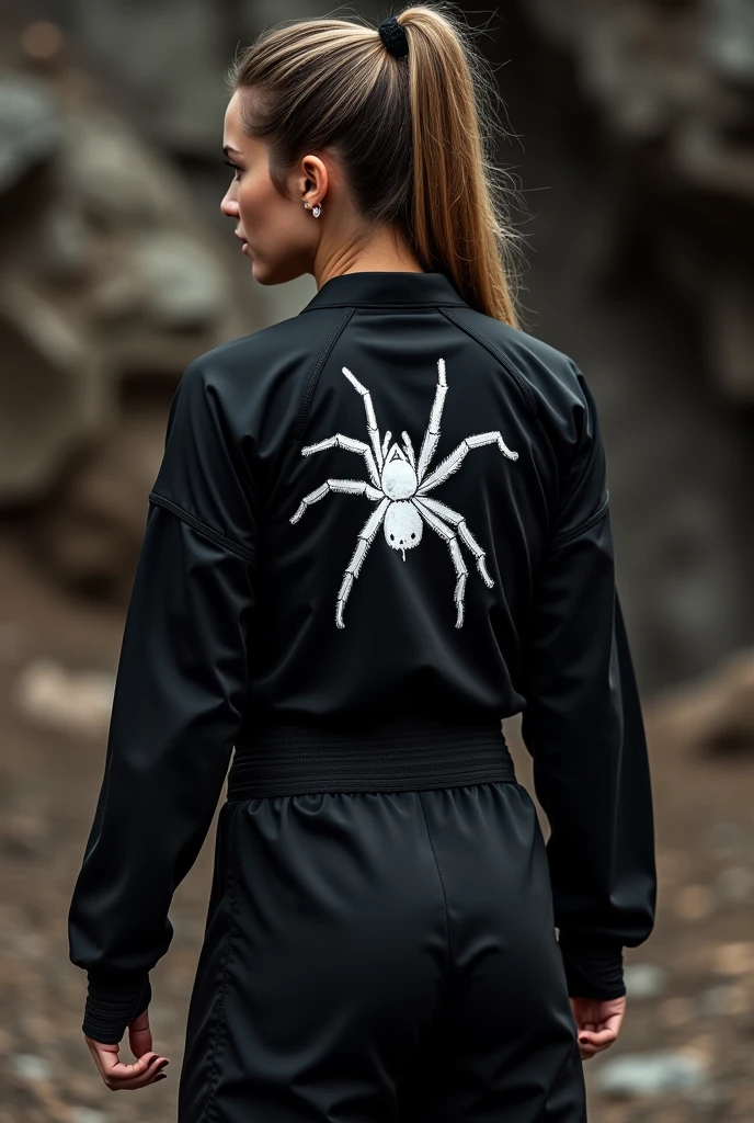 Black training uniform with lady white drawing of a tarantula on the back
