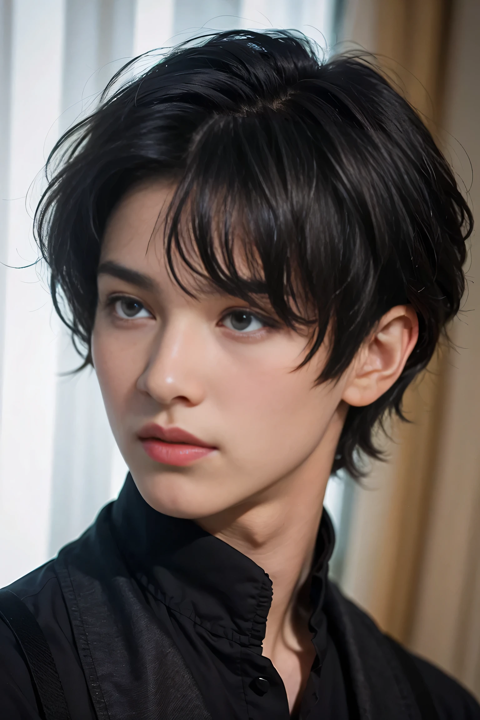 Violet eyes, monolid eyes, Short hair, Black hair, Fringe curly haircut, a young boy, gentle eyes, normal face, handsome boy, bright color, and he is a royal prince. Violet eyes, monolid eyes, Short hair, Black hair, Fringe curly haircut, a young boy, gentle eyes, normal face, handsome boy, bright color, and he is a royal prince, open sunlight