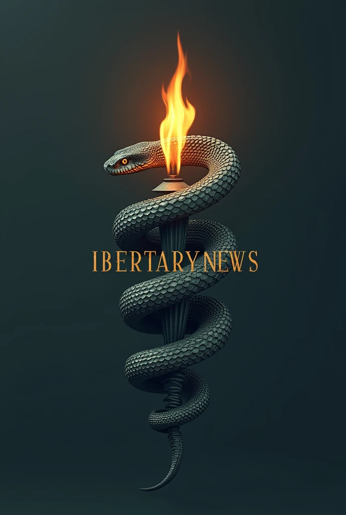Cobra snake wrapped around a torch similar to the Statue of Liberty&#39;s torch, with capital letters in the middle of the image "libertary news" . Minimalist profile