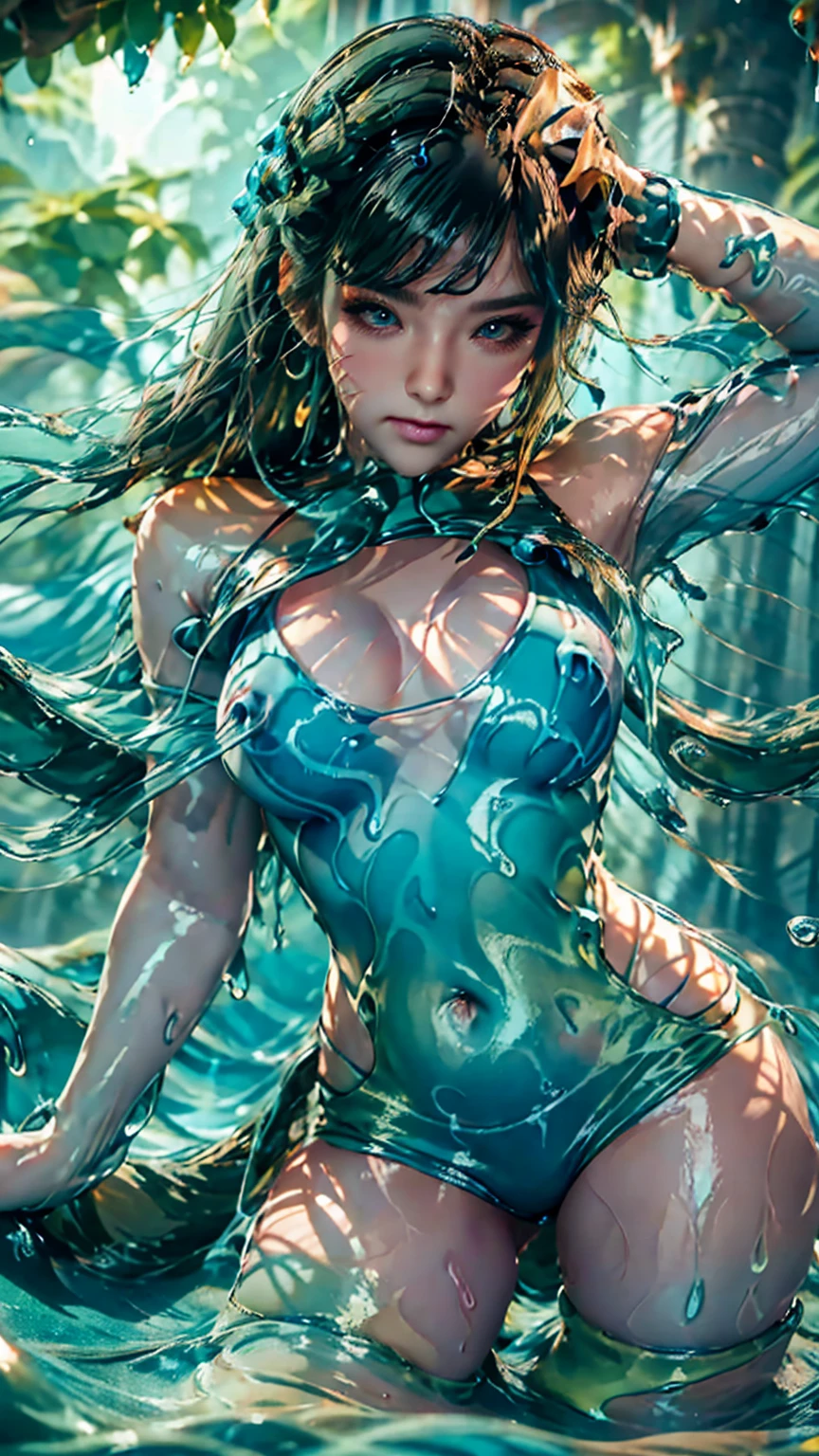 beautiful girl swimming in a pool of colorful thick slime, detailed face, beautiful eyes, long eyelashes, flawless skin, glowing ethereal skin, wet hair, dripping slime, swirling neon slime, swimming pose, pool of luminescent slime, underwater, vivid colors, dramatic lighting, cinematic, digital painting, hyper detailed, photorealistic, 8k, HDR, cinematic lighting, dramatic colors