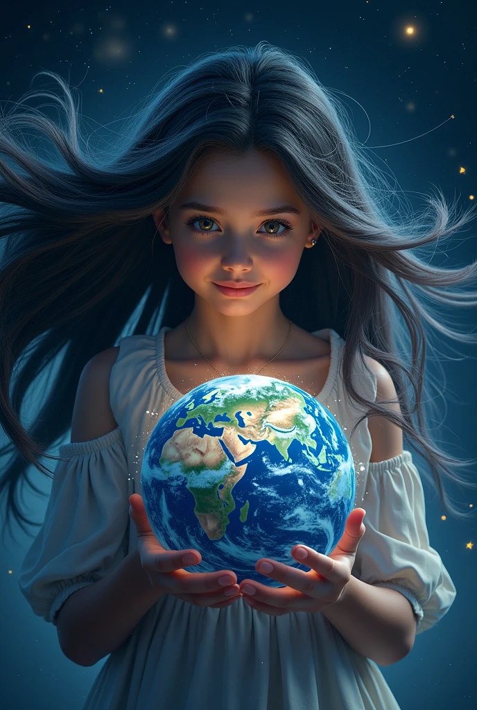 (photorealism:1.2), A cute girl with black galaxy-colored hair like the night sky stands in space, holding onto the world with both hands. Around her is a black galaxy-colored energy.