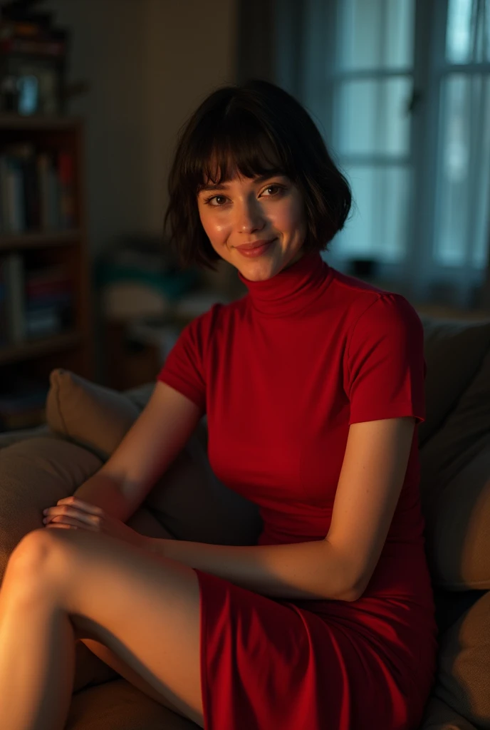 Black short hair, Brown eyes, red high-neck dress, Short sleeve, Pantyhose, Looking at the audience, Charming smile, sit, His sofa, Cross your legs, In the messy living room, window, dark, at night, high quality, masterpiece,Take a photo plus 18+