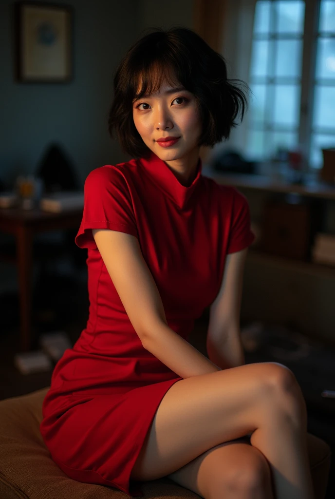 Black short hair, Brown eyes, red high-neck dress, Short sleeve, Pantyhose, Looking at the audience, Charming smile, sit, His sofa, Cross your legs, In the messy living room, window, dark, at night, high quality, masterpiece,Take a photo plus 18+