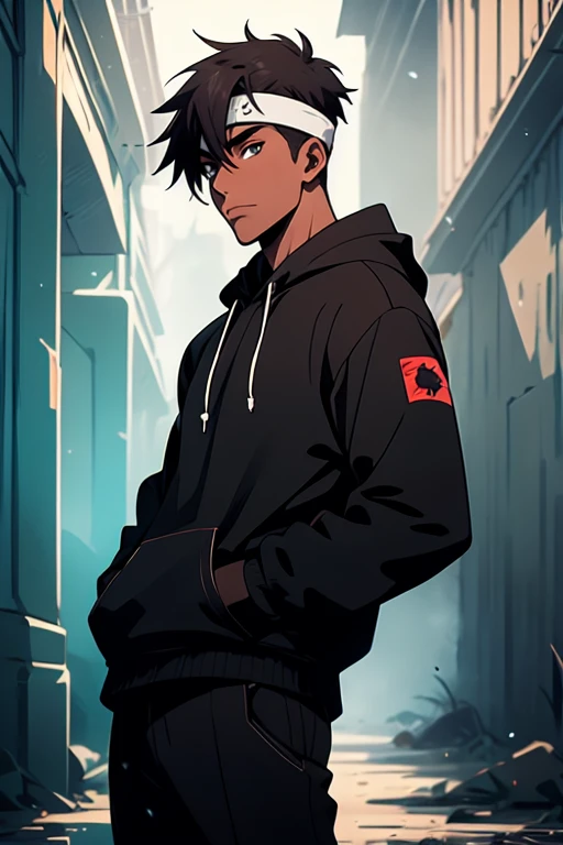 In this AI-generated artwork, a fusion character emerges, combining the features of Madara and Kakashi from Naruto with Cid from Eminence in the Shadows. The 2D anime portrayal showcases a dark-skinned figure with a low-cut black hairstyle, wearing an intricately detailed hoodie. The character, depicted in a solo pose, removes a headband, symbolizing significance and transition.

Appearance:
The hoodie incorporates a dark theme with subtle hints of blue, red, purple, green, and turquoise. The character's expression is a charismatic smile, blending Madara's stoicism, Kakashi's wit, and Cid's mysterious allure.

Pose:
The character stands casually with one hand in their pocket, embodying both relaxation and strength. The removal of the headband adds a narrative touch, enhancing the overall visual storytelling.

Background:
Set against a dark backdrop, the AI-generated shadows highlight detailed features, creating a captivating composition with a hint of mystery.