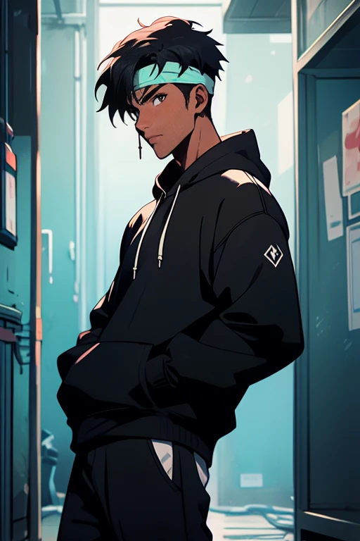 In this AI-generated artwork, a fusion character emerges, combining the features of Madara and Kakashi from Naruto with Cid from Eminence in the Shadows. The 2D anime portrayal showcases a dark-skinned figure with a low-cut black hairstyle, wearing an intricately detailed hoodie. The character, depicted in a solo pose, removes a headband, symbolizing significance and transition.

Appearance:
The hoodie incorporates a dark theme with subtle hints of blue, red, purple, green, and turquoise. The character's expression is a charismatic smile, blending Madara's stoicism, Kakashi's wit, and Cid's mysterious allure.

Pose:
The character stands casually with one hand in their pocket, embodying both relaxation and strength. The removal of the headband adds a narrative touch, enhancing the overall visual storytelling.

Background:
Set against a dark backdrop, the AI-generated shadows highlight detailed features, creating a captivating composition with a hint of mystery.