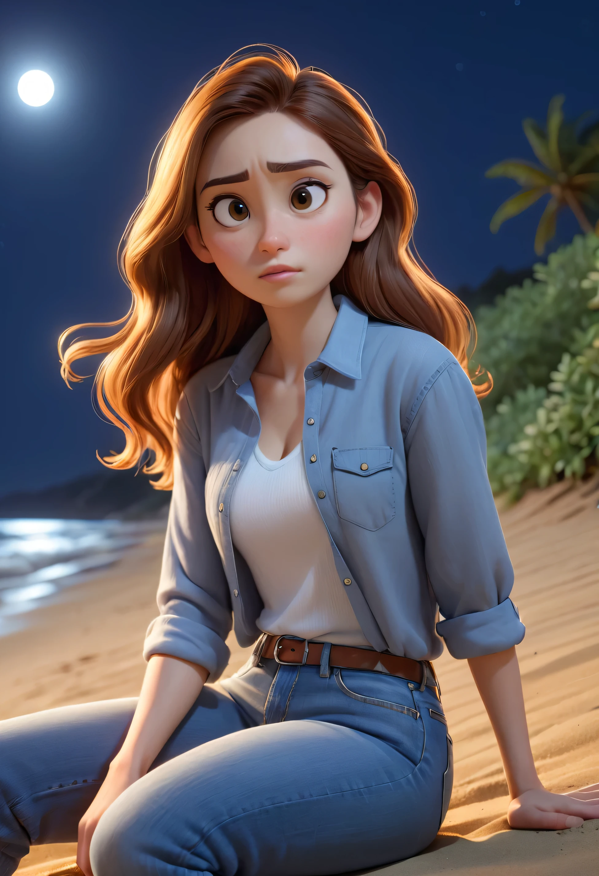 he fit and mature girl sitting in a beach sadly at night, wearing a shirt and jeans, looking to the weaves. Close up. High quality Pixar hyper realistic image. 4k