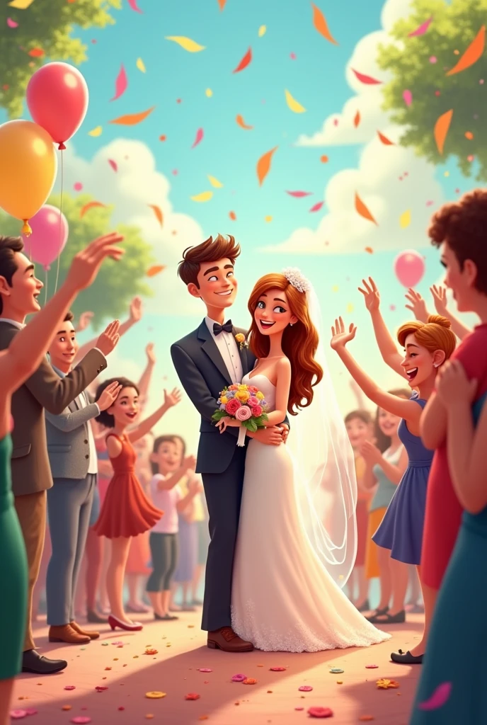 A cartoon Wedding and Happy Ending: The couple gets married and celebrates their happiness and love attending more people celebrating