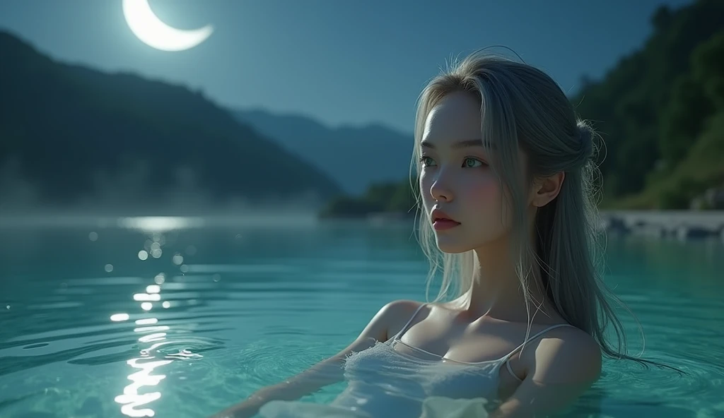 Attention to detail, high quality, high resolution, 4K, 8k,masterpiece, best quality,8K, Ultra-high resolution, a girl relaxing in a hot spring, she has long linen hair, flowing hair, beautiful eyes, green eyes, moon on the sky, reflect, wear more cloths
