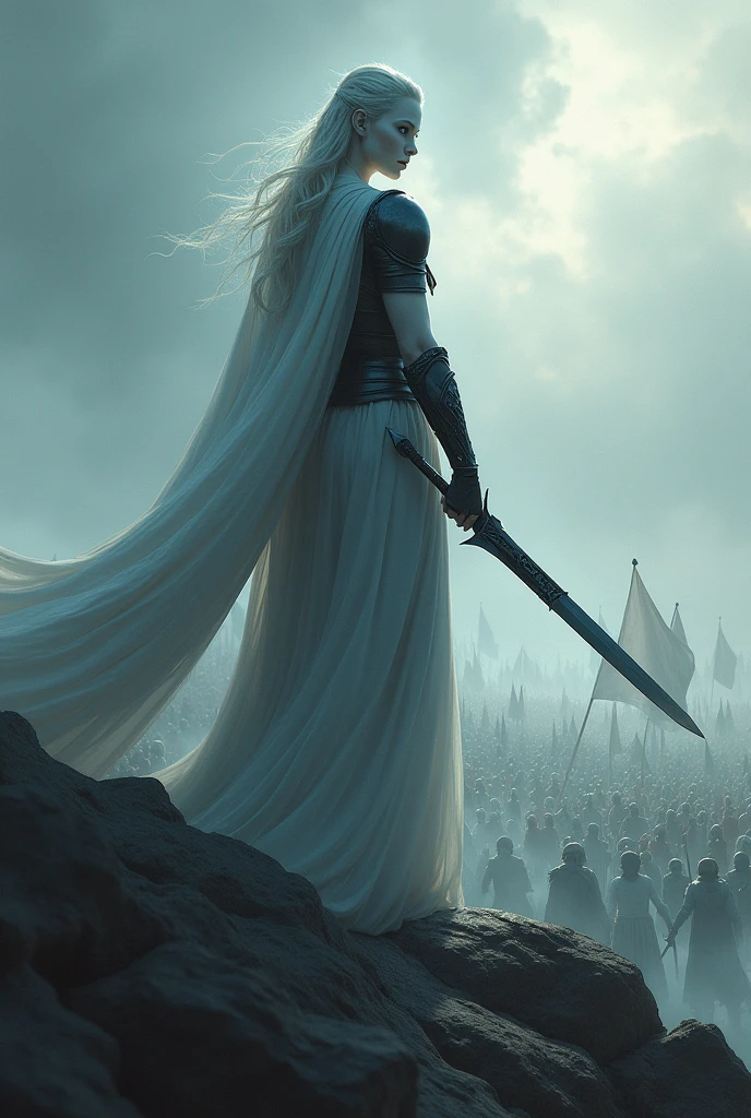 Tall white woman, blue-eyed, using a black colored sword, watching his army.