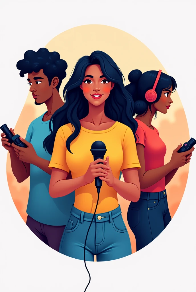 Create a logo with a girl with long black hair and white skin color and a microphone in her hands, Next to her, a curly-haired man with no beard, dark skin and a play control in his hands, Next to the boy is a girl with short wavy hair and dark skin wearing headphones.