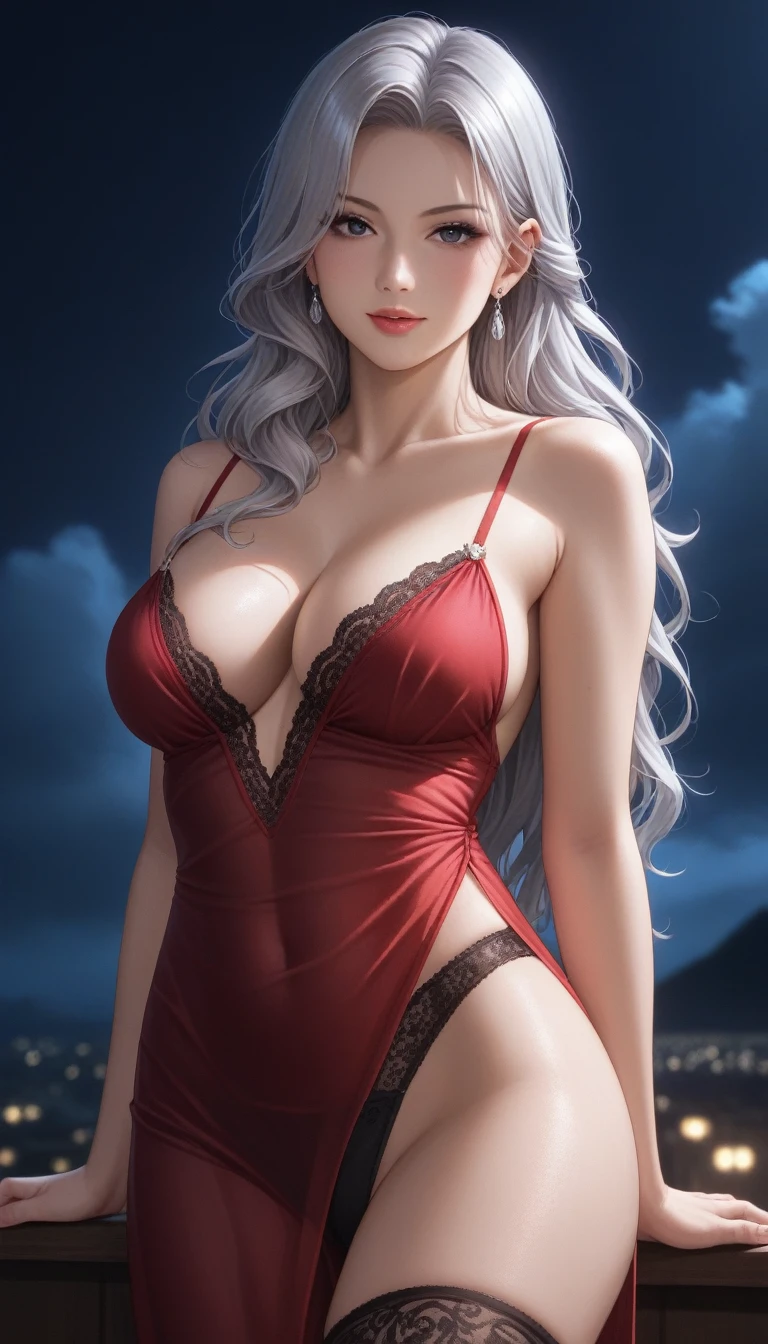 score_9, score_8_superior, score_7_superior, High-resolution CG illustration,A masterpiece in 32K resolution,Highest quality,it is really amazing,Very detailed,Ultra-high resolution,Ultra-realistic,Realistic,Increased depth of field,Cinematic lighting,
Elegant mature Japanese woman,
Shiny silver hair,Wavy long hair,Showing his forehead,god々Beautiful,Ultra-detailed and beautiful face,Sensual look,Beautiful dark brown, moist eyes,Pitch black eyes,Glowing, moisturized skin,Translucent white skin,born々New skin texture,Great proportions,
Elegant wine-red slit dress,spaghetti straps,Deep slit,Detailed and beautiful lace decorations,born地の柔らかな質感,
Black panties,
Black Stockings,
A dark and blurry night background,Dark overcast sky on a dull night,Dark clouds filling the sky,Thundercloud,Coastline at night,Golden reflections on the sea surface,delay々A desolate sandy beach that continues,
Dramatic Angle,