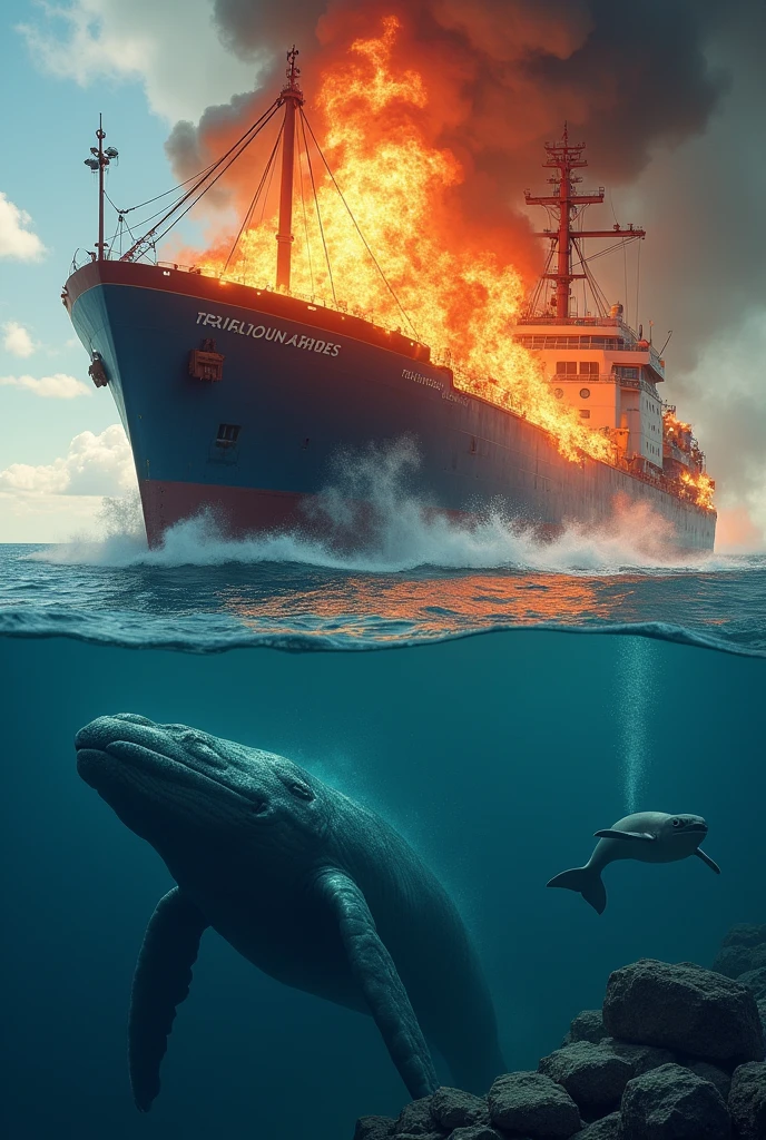 an industrial fishing vessel on fire near a humpback whale a small dolphin and a small turtle underwater view for kids