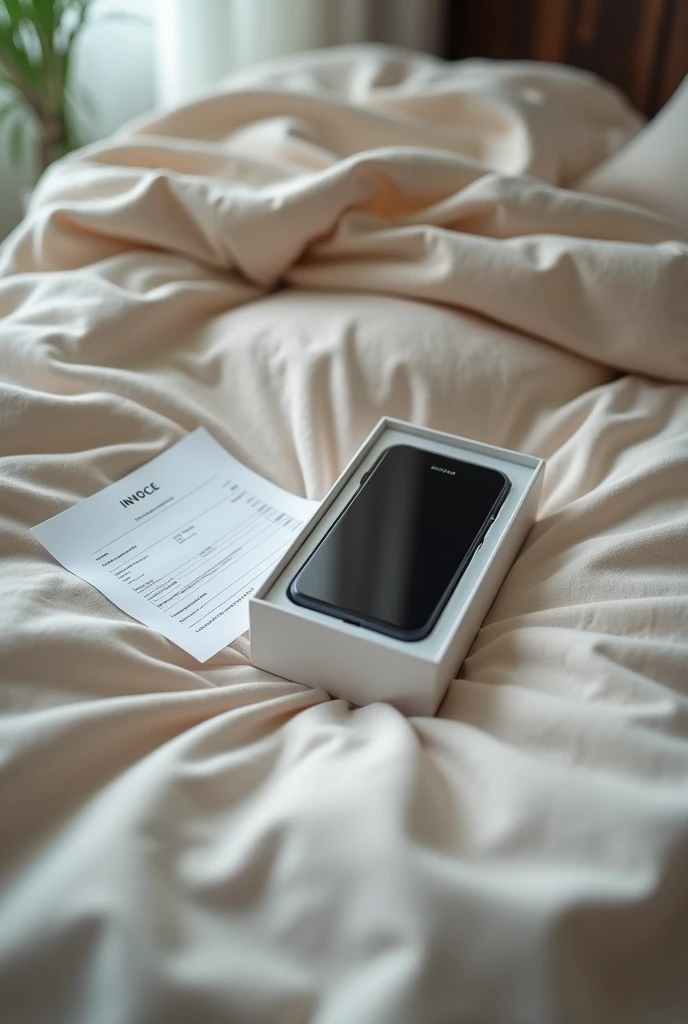 A new cell phone in its box with an invoice included for 290 dollars on a bed 