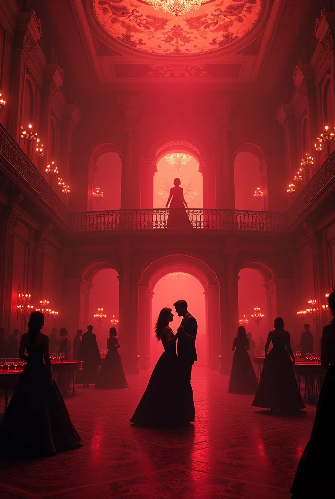 huge, a very large gothic ballroom, filled with red light, with high painted ceilings. The hall is scary and gloomy, inside him dance the dark and gloomy, but beautiful, people in long dresses or suits. There are small round tables at the edges., with an abundance of glasses of wine. People dance a waltz in pairs on a large dance floor in the middle. There is a beautiful balcony at the very end of the hall., On it stands the host of the ball, shrouded in darkness and watching the celebration.
