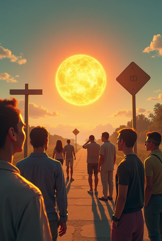 Realistic images of the sun rising in the west and setting in the east with signs indicating which is west and which is east, with various confused people looking at their watches.