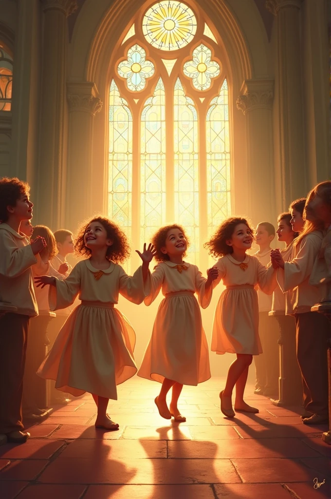 Drawing of children dancing for Jesus in church