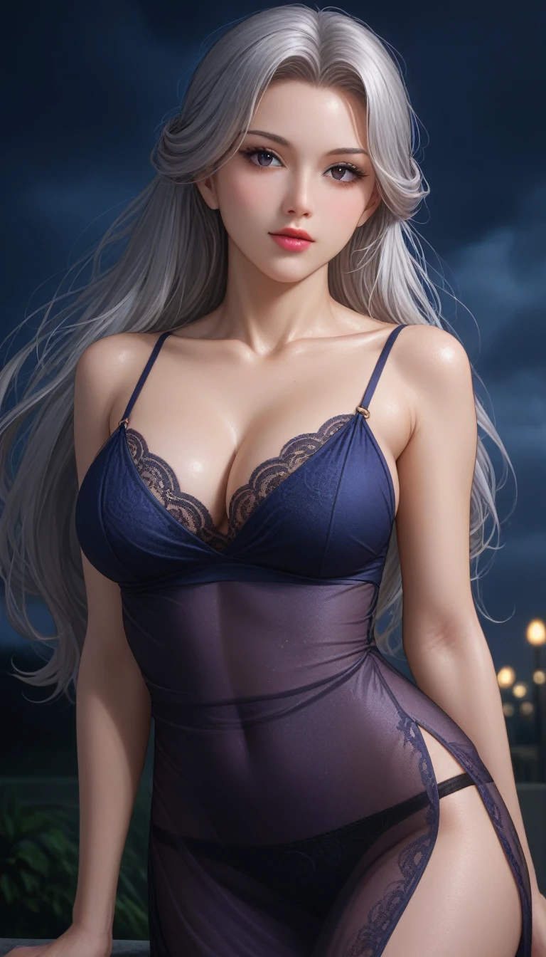 score_9, score_8_superior, score_7_superior, High-resolution CG illustration,A masterpiece in 32K resolution,Highest quality,it is really amazing,Very detailed,Ultra-high resolution,Ultra-realistic,Realistic,Increased depth of field,Cinematic lighting,
Elegant mature Japanese woman,
Shiny silver hair,Wavy long hair,Showing his forehead,god々Beautiful,Ultra-detailed and beautiful face,Sensual look,Beautiful dark brown, moist eyes,Pitch black eyes,Glowing, moisturized skin,Translucent white skin,born々New skin texture,Great proportions,
Elegant wine-red slit dress,spaghetti straps,Deep slit,Detailed and beautiful lace decorations,born地の柔らかな質感,
Black panties,
Black Stockings,
A dark and blurry night background,Dark overcast sky on a dull night,Dark clouds filling the sky,Thundercloud,Coastline at night,Golden reflections on the sea surface,delay々A desolate sandy beach that continues,
Dramatic Angle,