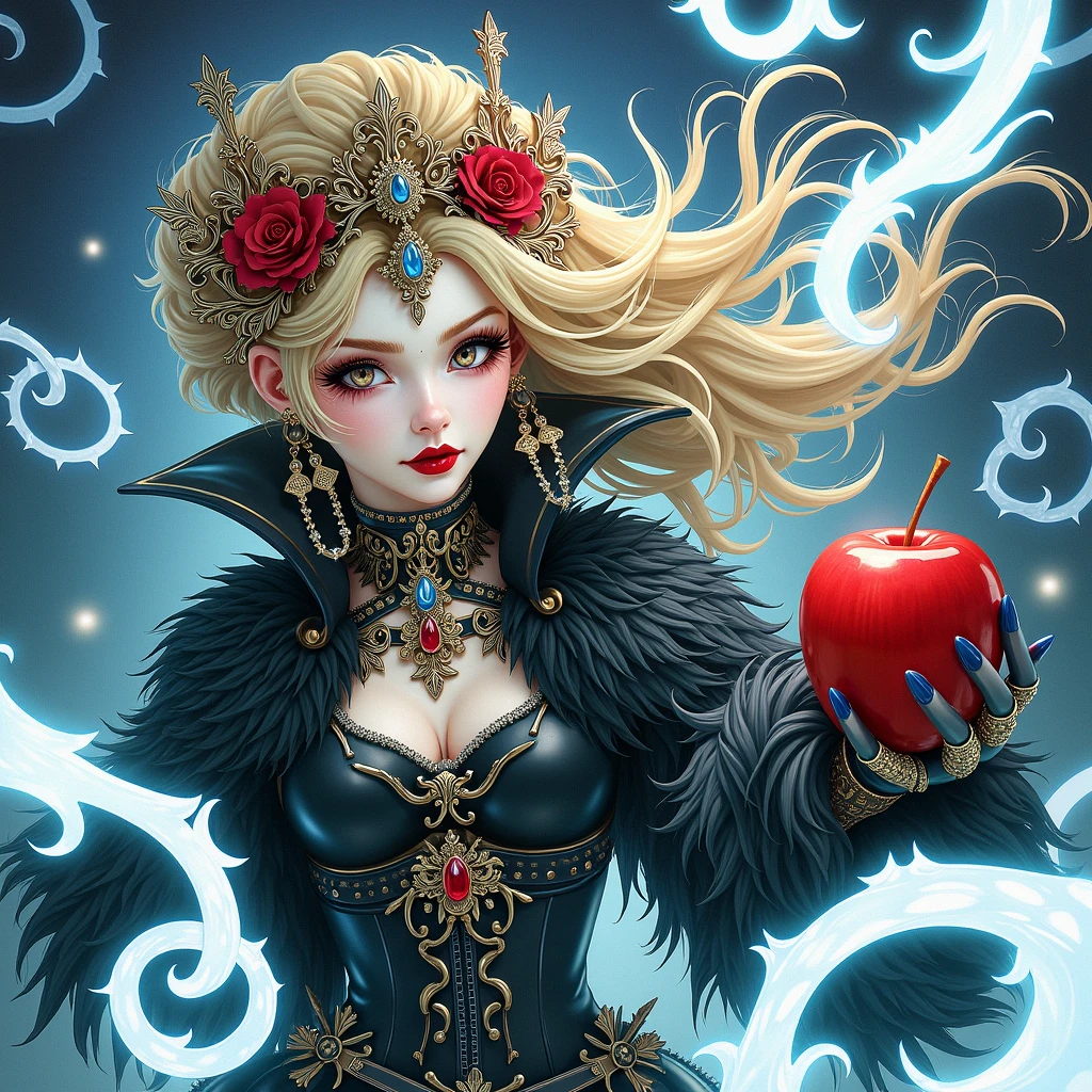 Girl,long black fur，black queen，Accessories，Apple in hand，poisoned apples，Witch Queen，Red lipstick