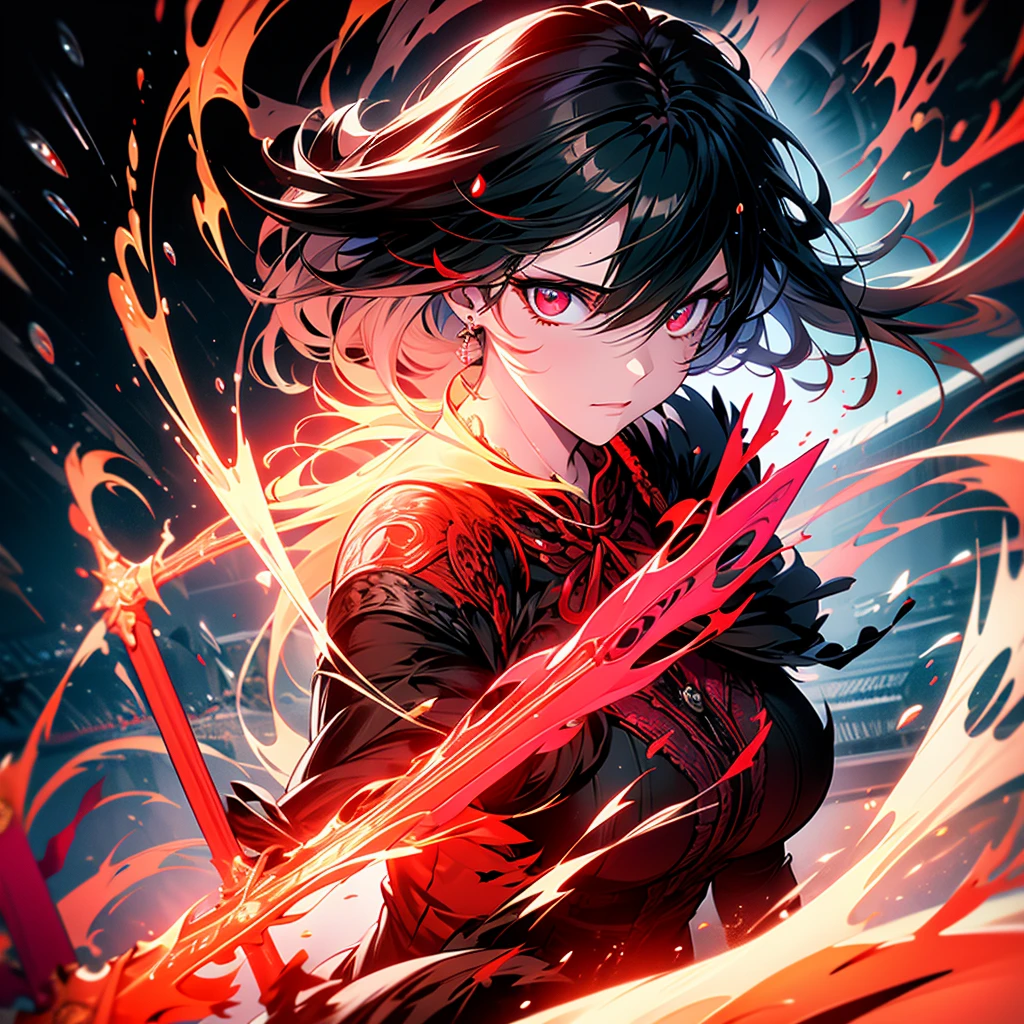 a woman, red-black medival outfit, holding a halberd behind back, serious expression, short black hair, red eyes, cinematic lightning, looking down at viewer