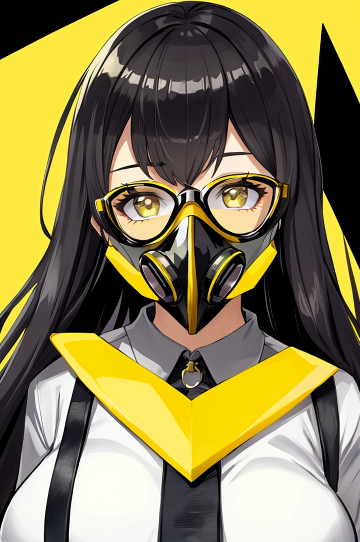 woman GLASSES with black frame YELLOW hero, DARK glue , YELLOW TRIANGLE on the chest, ARTPOP gas mask