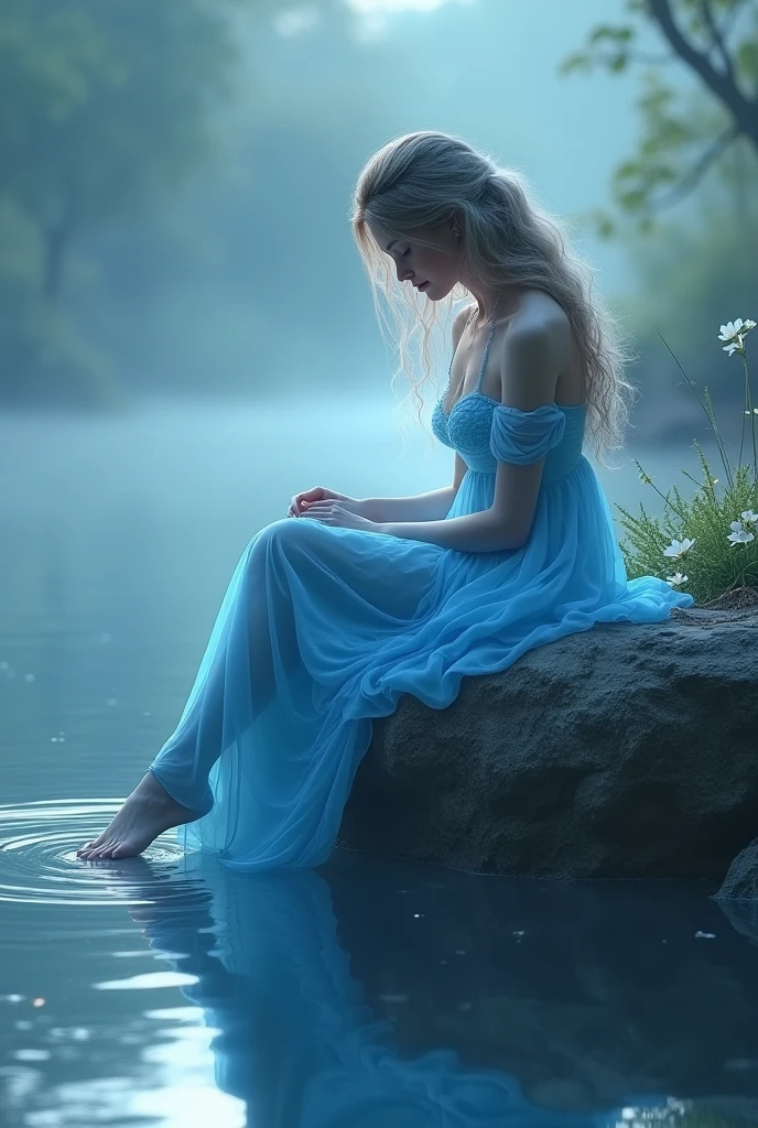 A woman sitting on a rock. She is on the left of the picture. She is looking down at water. She has a glowy and flowy dress. She has long hair. She is facing right. On leg is in the water that she is looking at. She is wearing a blue dress and she has white flowers in her lap.