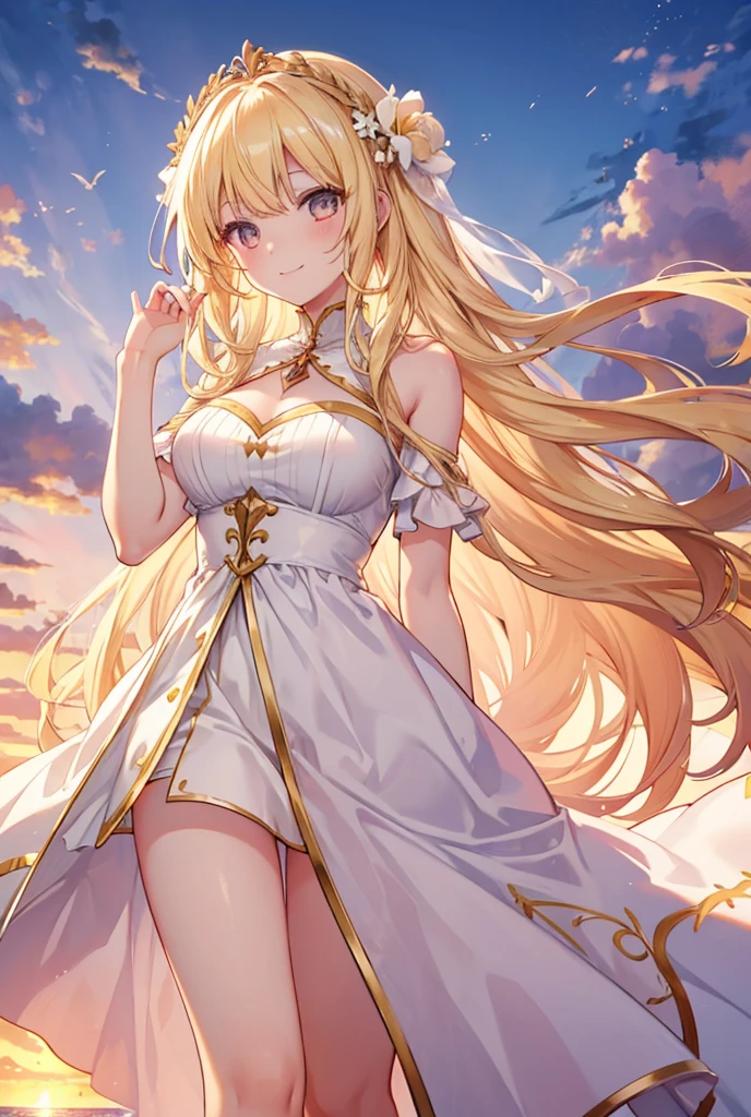 Long Hair, smile, Blonde, Golden Eyes, White dress,Sunset beach,
goddess,Guillotine,Diesirae Marguerite,