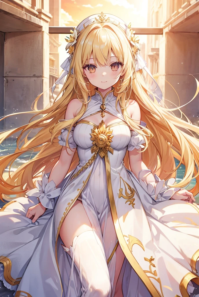 Long Hair, smile, Blonde, Golden Eyes, White dress,Sunset beach,
goddess,Guillotine,Diesirae Marguerite,