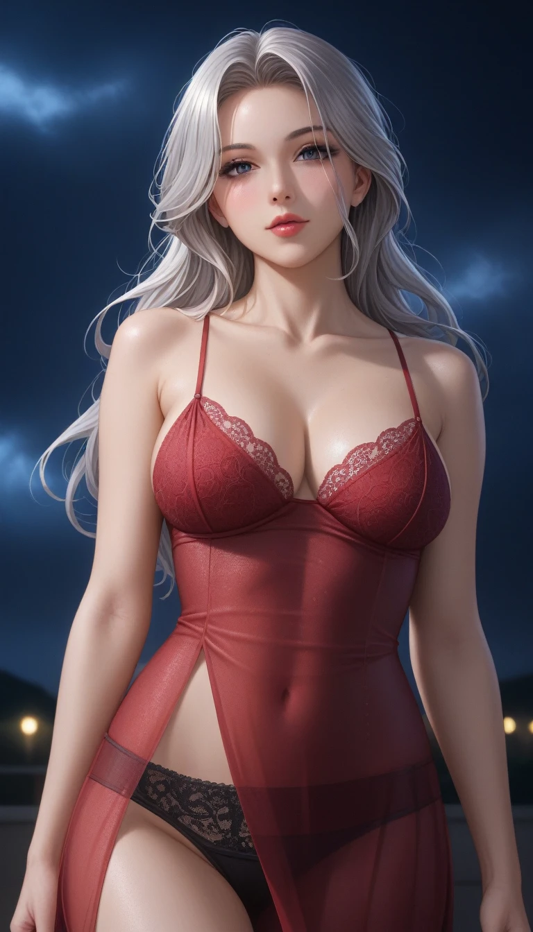 score_9, score_8_superior, score_7_superior, High-resolution CG illustration,A masterpiece in 32K resolution,Highest quality,it is really amazing,Very detailed,Ultra-high resolution,Ultra-realistic,Realistic,Increased depth of field,Cinematic lighting,
Elegant mature Japanese woman,
Shiny silver hair,Wavy long hair,Showing his forehead,god々Beautiful,Ultra-detailed and beautiful face,Sensual look,Beautiful dark brown, moist eyes,Pitch black eyes,Glowing, moisturized skin,Translucent white skin,born々New skin texture,Great proportions,
Elegant wine-red slit dress,spaghetti straps,Deep slit,Detailed and beautiful lace decorations,born地の柔らかな質感,
Black panties,
Black Stockings,
A dark and blurry night background,Dark overcast sky on a dull night,Dark clouds filling the sky,Thundercloud,Coastline at night,Golden reflections on the sea surface,delay々A desolate sandy beach that continues,
Dramatic Angle,