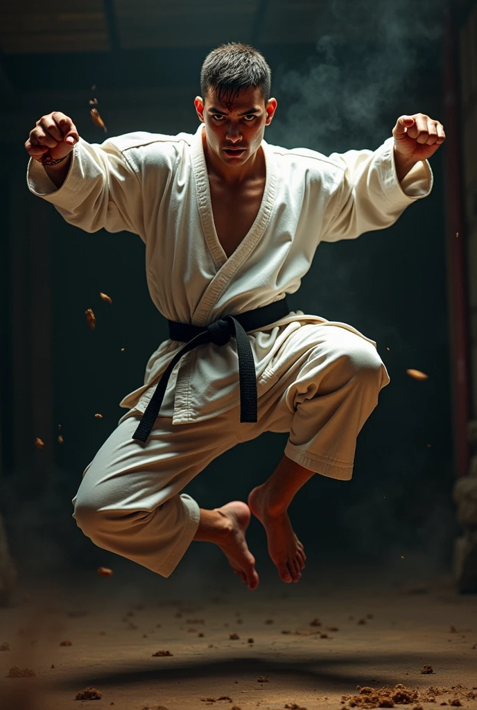  Karate player in flight bloody face 
