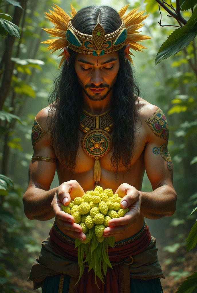 Golden hops in the hands of an indigenous god