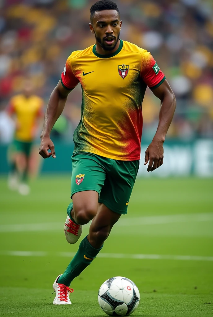 Football shirt with a new design that does not exist, using only yellow colors, green and red