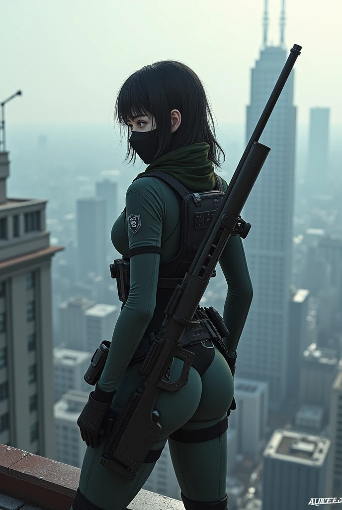 Japanese female sniper wearing a cloth mask standing on the roof of a high-rise building without a hood