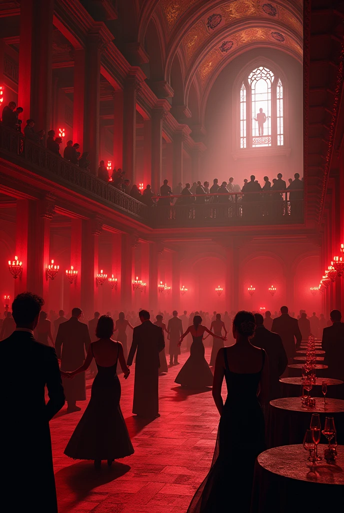 huge, a very large gothic ballroom, filled with red light, with high painted ceilings. The hall is scary and gloomy, inside him dance the dark and gloomy, but beautiful, people in long dresses or suits. There are small round tables at the edges., with an abundance of glasses of wine. Many people dance the waltz in pairs on a large dance floor in the middle. There is a beautiful balcony at the very end of the hall., On it stands the host of the ball, shrouded in darkness and watching the celebration. 