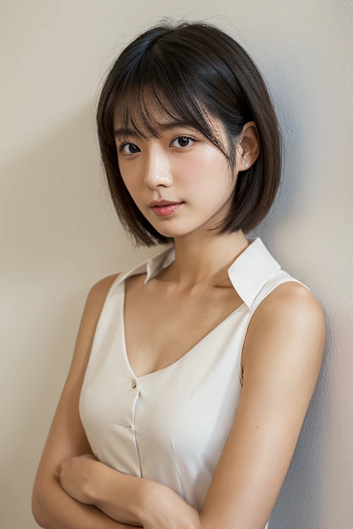 lens: 135mm f1.8,(Highest quality), (Beautiful 24 year old Japanese girl), (Moisturized lips), Narrow eyes, double eyelid,Delicate clavicle,Flat Chest,Very short hair,
(Let me me me me me'Let me me me me'Let me me me'Let me me'Let me'Let's take another look), shame, A faint smile,
(In front of a white wall:1.2), Professional Lighting,
(Japanese 、Transparent BlackVNeck Sleeveless Dress Shirt), (Sunburned skin:0.2),Full body photo、Full Body Focus、Hyper Reality、Pixie Haircut