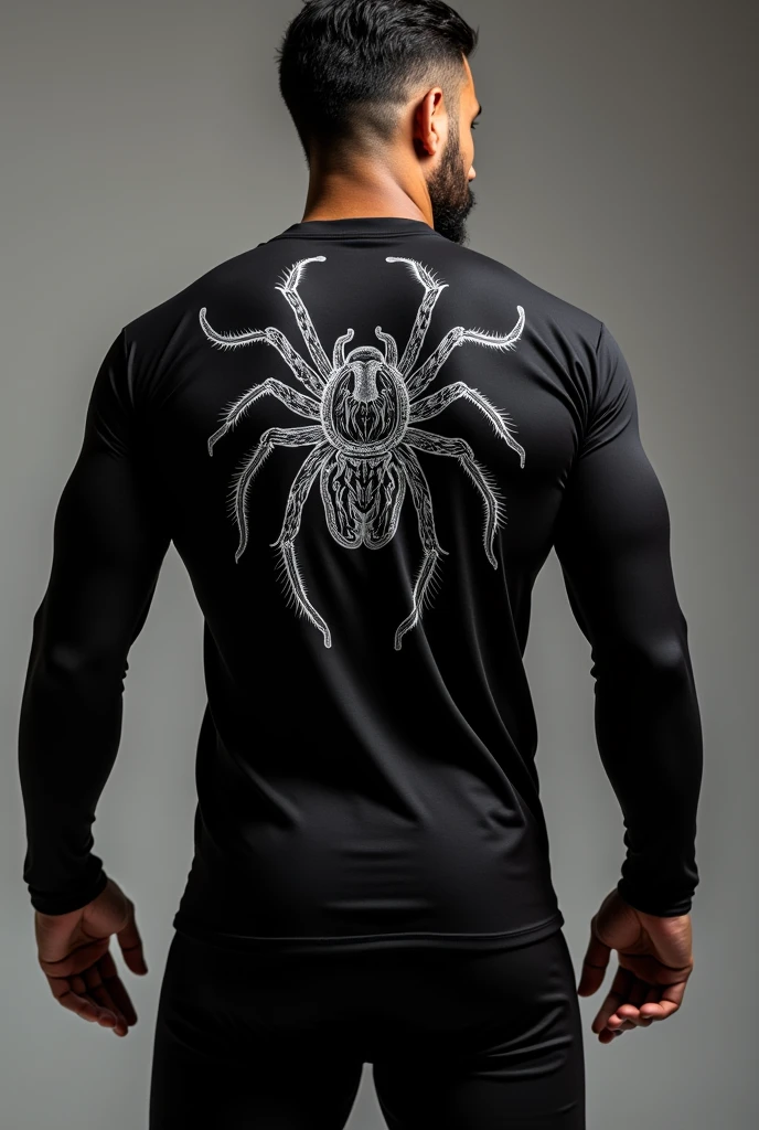Black training uniform with white drawing of a tarantula on the back