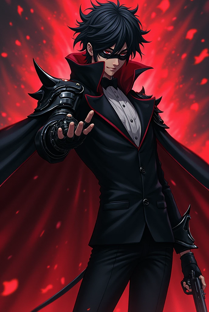 Clear! Here is a description of what the character could look like in anime style: 1. **hair**: I might have dark, messy hair, with pointed tips resembling flames or shadows, giving it a dynamic and powerful look. 2. **CLOTHES**: He would wear a long, dark cloak, maybe with red details, that floats dramatically around him. The clothing could be a warrior outfit, with stylized armor on the shoulders and arms. 3. **Accessories**: I could wear a pair of gloves with shiny details, and maybe a mask that covers part of your face, adding a mysterious air. 4. **Posture**: I would be in an action pose, with arms outstretched, as if he were invoking power or controlling dark elements. 5. **bottom**: A dark background or red and black tones, that highlights the contrast with the character, giving a feeling of intensity and strength. He is a boy wearing a tuxedo-type suit and has a gun in his hand.