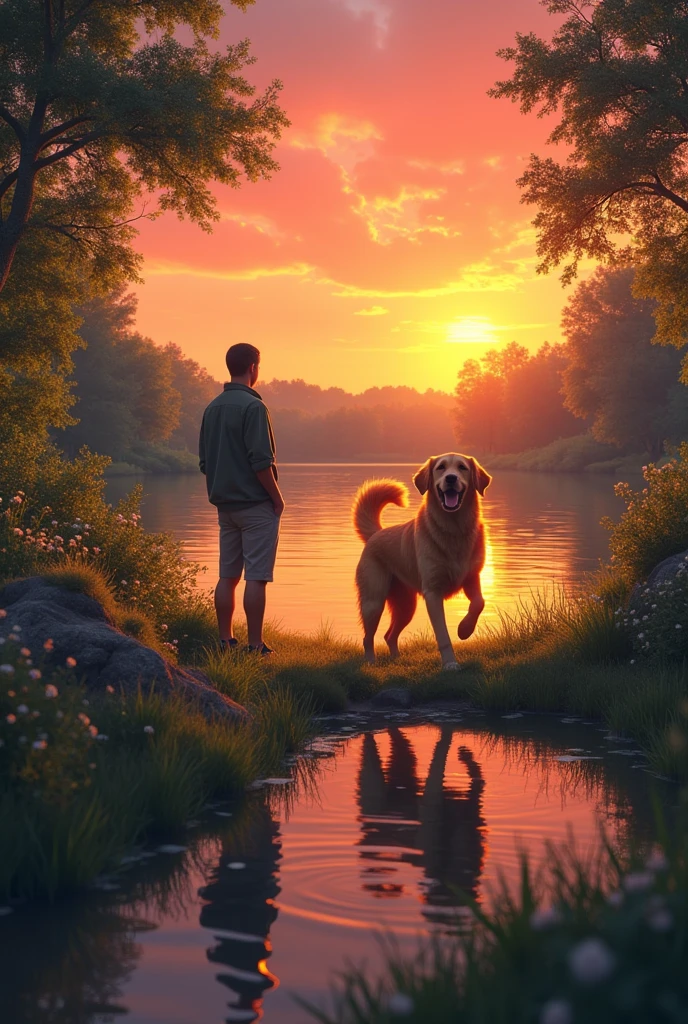 sunset, summer, dog, men 