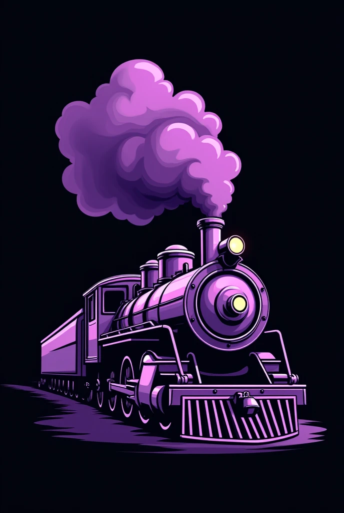 an animated purple train spewing steam with a black background without a face in the shape of a vape, make it as a logo for a clothing brand. that gives illusion to a vape with plenty of vapor, Make it thicker and more imposing