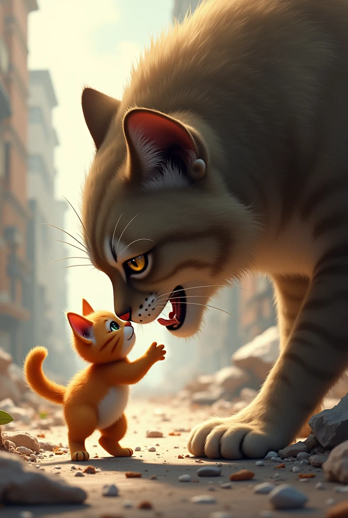 The small mango cat runs towards the giant cat, who has calmed down upon seeing the smaller one. They nuzzle each other affectionately, the giant cat lowering its head to meet the smaller one. The destruction around them fades into the background.